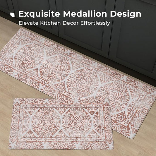FRESHMINT 2 Piece Set Boho Kitchen Mats for Floor Bohemian Distressed Anti Fatigue Kitchen Rugs Vintage Farmhouse Cushioned Kitchen Runners for Standing Waterproof & Non-Skid Comfort, Terracotta