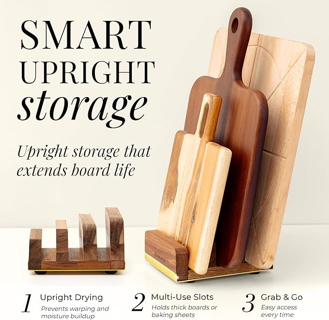 STYLED SETTINGS Cutting Board Organizer – Acacia Wood Stand with Gold Stainless Steel Base, Kitchen Holder Rack for Cabinet or Countertop Storage - Holds Three Boards for Easy Storage