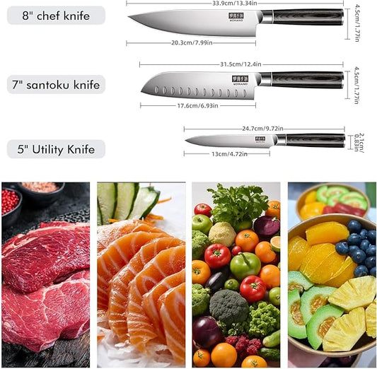 MDHAND Knife Set, 3PCS Professional Japanese Kitchen Knife Set, High Carbon Stainless Steel Chef Knife Sets with Balanced Pakkawood Handle, Including Chef, Santoku & Paring Knives, Elegant Box