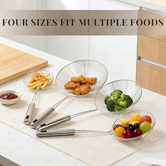 Spider Strainer Fine Mesh & Skimmer Spoon 4-Piece Set, Stainless Steel Pasta Ladle with Long Handle for Frying, Cooking and Carnitas (4.7”+5.5”+7.1”+8.7”)