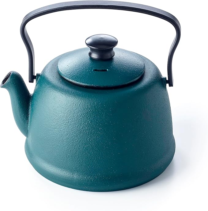 Beka Junna 1 Litre Cast Iron Teapot with Stainless Steel Infuser, Folding Handle and Non-Drip Spout - Kettle Suitable for All Heat Sources - Forest Colour