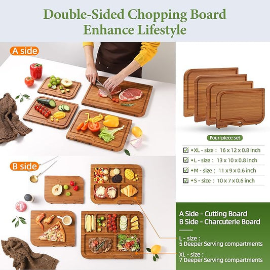 4-PCS Bamboo Cutting Board Set with Innovative Stand - Durable Double Sided Chopping Board with Juice Groove & Handle for Meal Prep, Meat, Fruit, Charcuterie Serving, Eco-Friendly Healthy Kitchen Gift