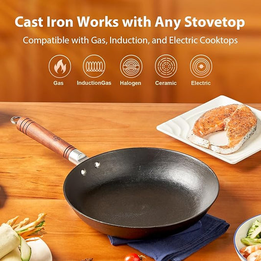 WANGYUANJI 11 Inch Cast Iron Skillet with Glass Lid, Deep Flat Bottom Frying Pan, Uncoated Naturally Nonstick Pan for Steak, Eggs & Stir-Fry, Compatible with Gas, Electric & Induction Cooktops
