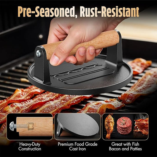 Pisol Smash Burger Press, Pre-Seasoned Cast Iron Hamburger Smasher, 2 lb Heavy-Duty Grill Bacon Meat Press Tool with Wood Handle, 6.6”