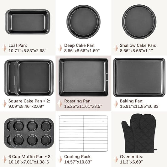 Funnydin 12PCS Nonstick Baking Pans Set - Stackable Bakeware Sets with Wider Grip, Carbon Steel Baking Set Including Cookie Sheets for Baking, Muffin Pan, Loaf Pan, Cake pan, Roasting Pan, Oven Mitts