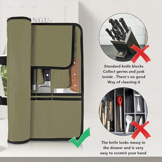 EHRGK Knife Roll,Heavy Duty Knife Bag,Oxford Knife Case with 20 Slots for Knives & Kitchen Tools,Chef Knife Bag,Knife Roll Bag, Knife Pouch Wrap for Chefs Culinary Traveling (Army Green)
