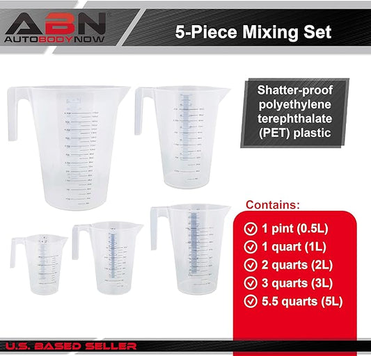 ABN 5 Piece Set of Graduated Paint Mixing Pitchers Quart and Gallon Sized Mixing Cups - 5000 ml, 3000 ml, 2000 ml, 1000 ml, 500 ml Plastic Mixing Cups for Paint, Resin, Epoxy and Home Kitchen and