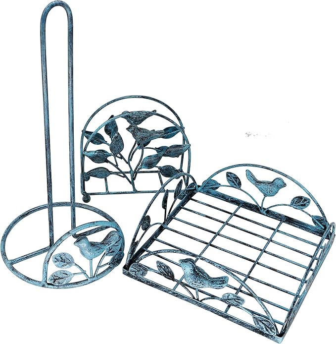 Cast Iron Bird & Tree Classic Napkin Holder/Tabletop Freestanding Tissue Dispenser, Turquoise
