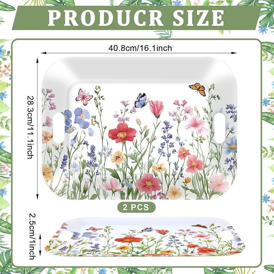 gisgfim 2PCS Spring Wild Flower Serving Trays 16.1 X 11.1 Inch Large Melamine Wildflower Trays Platters with Handles Watercolor Floral Butterfly Food Trays for Snacks Summer Birthday Party Decorations