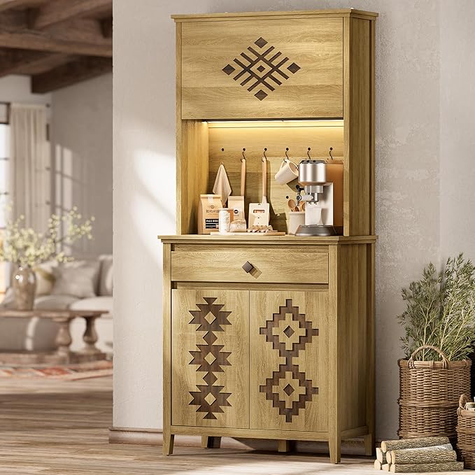 72" Tall Kitchen Pantry with Hydraulic Flip Up Door, Storage Cabinet with LED Lights&Charging Station, Drawer and Adjustable Shelves, Cupboard for Kitchen, Dining Room, and Hallway, Natural