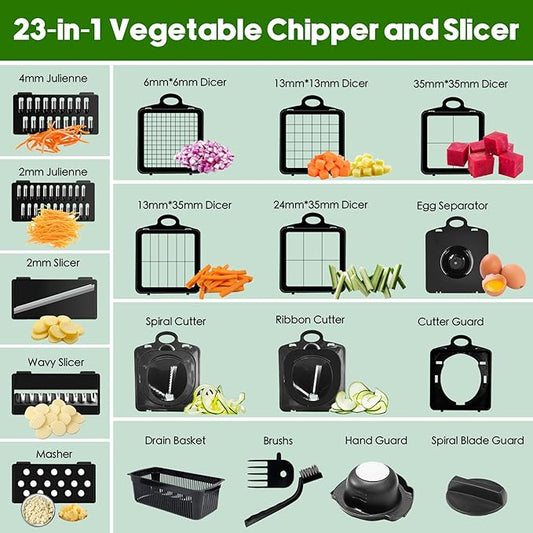 Vegetable Chopper, 10 Blades Slicer Onion Dicer, Multi 23-in-1 Veggie Mandoline Food Cutter for Tomato Fruit, Vegetable cutter with Hand Protector, Egg Separator & Slicer, Container(White)