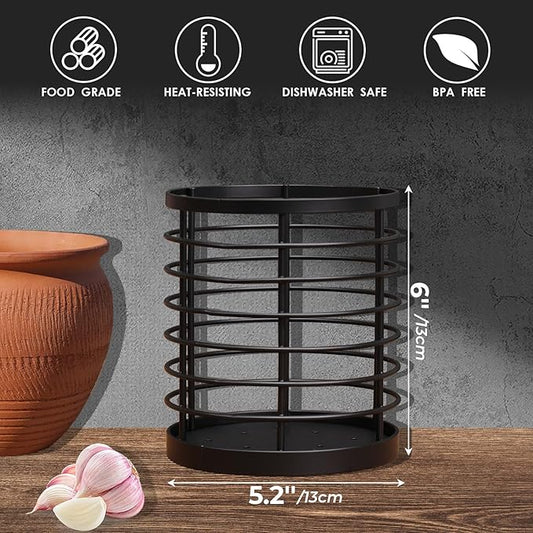 Utensil holder for Kitchen Counter - 5.2" x 5.2" x 6" Large Round Utensils Holder with Wooden Base Matte Black Cooking Utensil Holder,Kitchen countertop Utensil Organizer