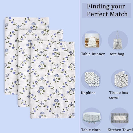 Ridhi Powder Blue Hand Block Print Cotton Waffle Dish Cloth Set of 6-12x12 Inch Super Absorbent, Soft, Reusable Kitchen Towels for Dish Drying Cleaning, Ideal for Spring, Easter, Valentine