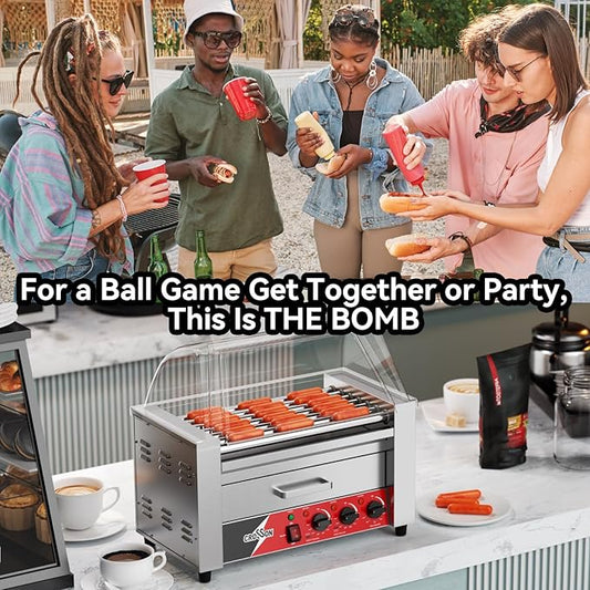 CROSSON Hot Dog 7 Roller with Bun Warmer&Transparent Sneeze Guard,Commercial 7 Nonstick 304 Roller Grill Cooker Machine