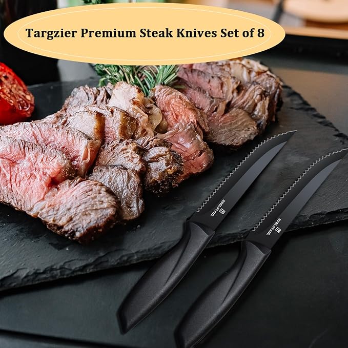 Steak Knives Set of 8,Sharp Serrated Steak Knife Set of 8,Stainless Steel Steak Knife Set,High-Carbon Steak Knives,Black Handle Steak Knifes,Ergonomic Kitchen Knives Set for Precise Cutting