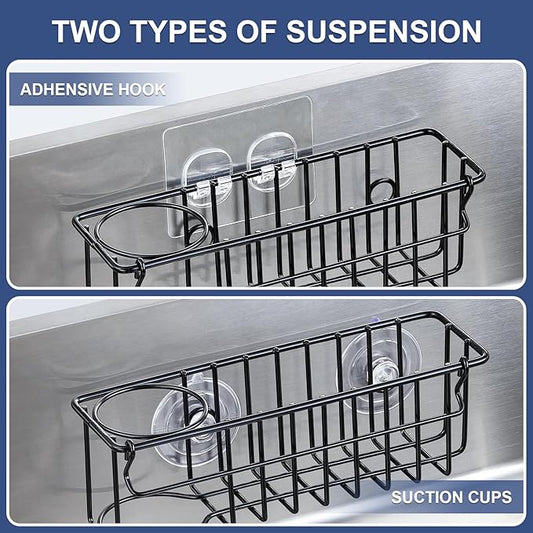 3-In-1 Sponge Holder for Kitchen Sink, 2 Type Suspension Options (Suction Cups & Adhesive Hook), Hanging Sink Organizer Rack - Sponge, Dish Cloth, Brush, Scrubber, 304 Stainless Steel - Black