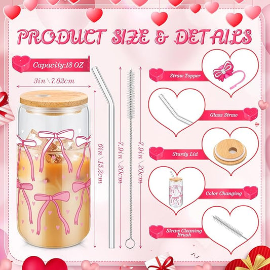 Skylety 4 Pcs Color Changing Glass Cups, 16 oz Cute Coquette Pink Bow Iced Coffee Tumblers with Lids and Straws Reusable Drinking Glasses Jars Cute Gifts for Girls