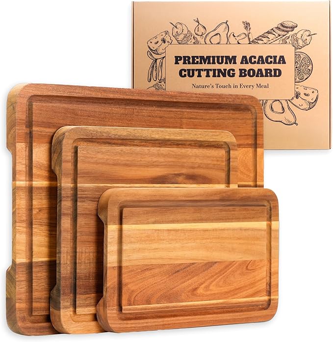 Howizz Acacia Wood Cutting Board, Set Of 3 Edge Grain Solid Wood Butcher Block For Kitchen Meal Prep & Serving, Chopping Boards Deep Juice Groove & Built-In Handles, Gift for Home, Gift-Ready Box