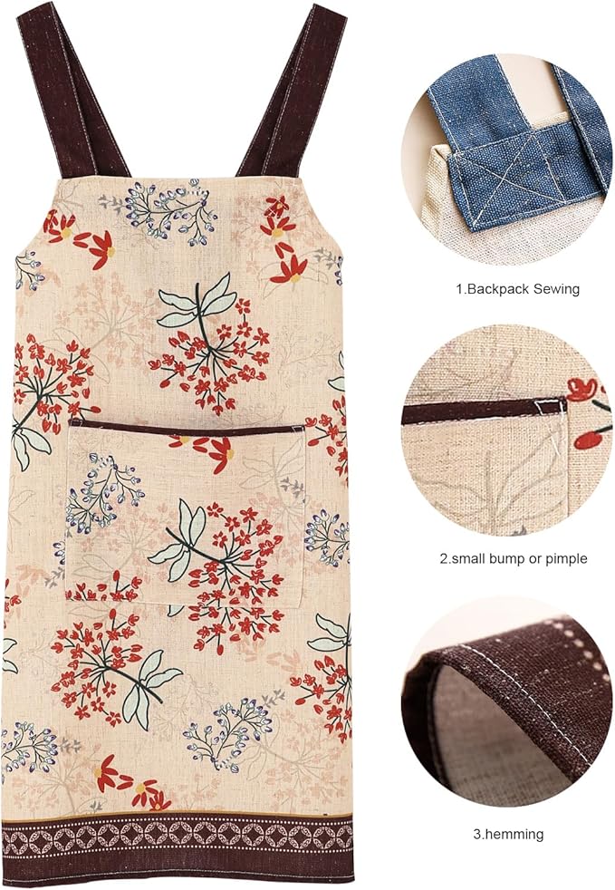 patdrea Blue Floral Linen Apron with Pocket,French Kitchen Garden Chef BBQ Aprons for Women and Men,Crisscross Back Straps