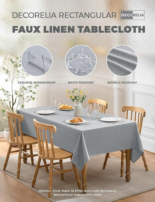 Faux Linen Farmhouse Table Cloth 60"x84" for 4-6 ft Rectangle Table, Cool Grey Waterproof Outdoor Washable Cloth Tablecloth for Rectangular Dining Room Kitchen Outdoor Party Restaurant Table