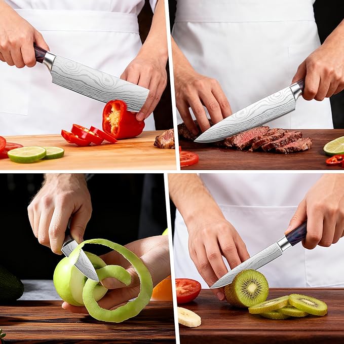 3-Piece Kitchen Chef Knife Set - 8" Chef Knife & 7" Nakiri Knife & 5" Utility Knife, Professional High-Carbon Stainless Steel Ultra Sharp Knives with Ergonomic Wood Handle & Gift Box for Cooking