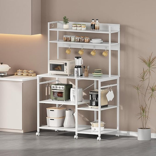 Kitchen Bakers Rack with Storage,Microwave Stand with Wheels,with Adjustable Shelves,Kitchen Shelves,Coffee Bar with 10 S-Shaped Hooks,35.4 * 15.8 * 61 Inches,White