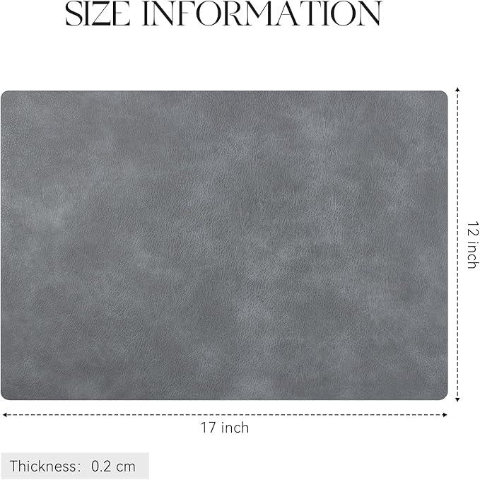 MOSAYT Vinyl Placemats Set of 4-12 X 17 Inch - Faux Leather 100% Waterproof Oil-Proof Wipeable PU Place Mats, Heat Resistant Reversible Table Mats for Kitchen, Dining, Outdoor (Grey)