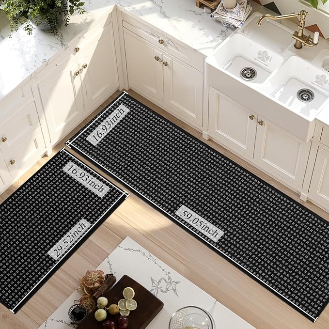 Kitchen Rugs,Non Slip Absorbent Kitchen Mats for Floor-Thick Stain Resistant Washable Kitchen Floor Mat Runner Carpet for Hallways,Entryway,Laundry Room,Sink(17"x29"+17"x59",Black,Roll Package)