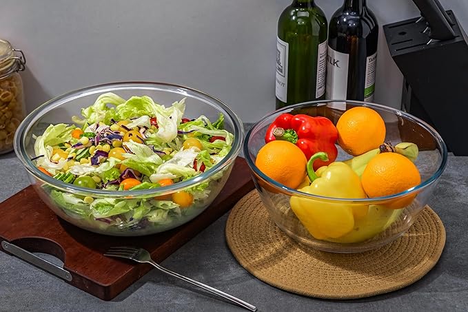 4.7Qt Large Glass Mixing Bowl with Lid, Clear Large Salad Bowls with Airtight Bamboo Lid & Handle,Thickened Glass Big Mixing Bowls Cooking Bowl for Serving, Food Prep, Kitchen,Borosilicate Glass