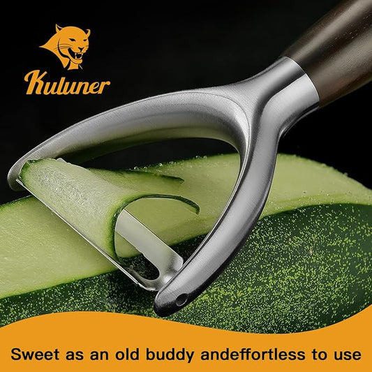 Premium Y Type 304 Stainless Steel Multifunctional Kitchen Peeler Real Wood Handle Ultra Sharp Blade Vegetable Potato Apple(Carbonized Wood)