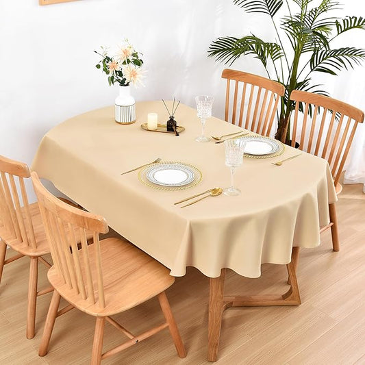 Wolkemer Oval Tablecloth 60 x 102 Inch Washable Fabric Table Cloth Solid Beige Table Cover for Dining Wedding Party Banquet Tabletop Decoration