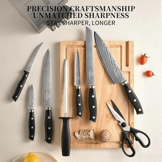 NANFANG BROTHERS Damascus Kitchen Knife Set 14 Pieces with Shears & Sharpener - VG10 High Carbon Steel, ABS Ergonomic Handle, Wooden Block Storage Black