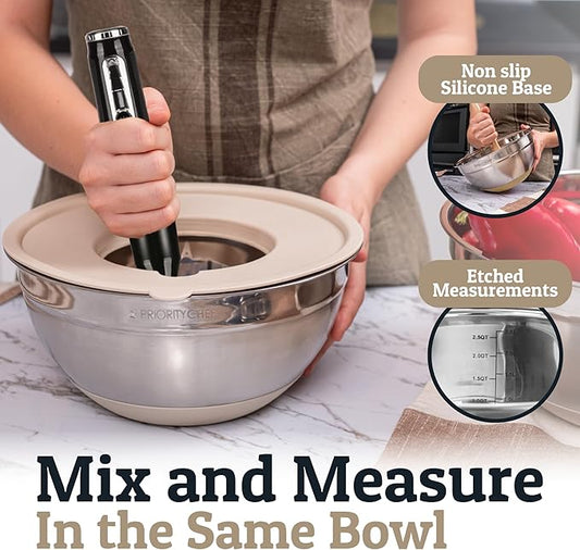 Priority Chef 6Pc Large Mixing Bowls With Lids Set with Non-Slip Bases, Stainless Steel Mixing Bowl Set, 6 Airtight Lids and 3 Graters, Khaki