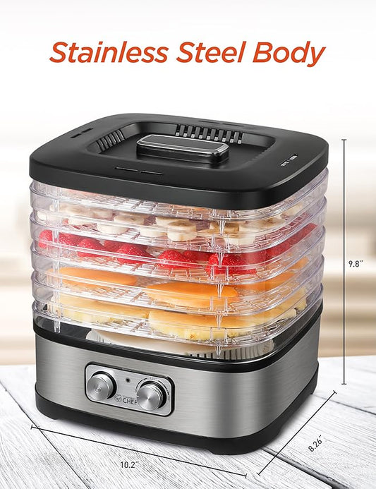 COMMERCIAL CHEF Food Dehydrator, 5 BPA-Free 10” x 9.25” Adjustable Height Trays, Stainless Dehydration Machine for Beef Jerky, Dehydrated Vegetables, Fruits and More, CHD200S, Black/Stainless Look