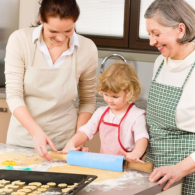 15-inch Silicone Rolling Pin for Baking, Non-stick Surface and Comfortable Wood Handles