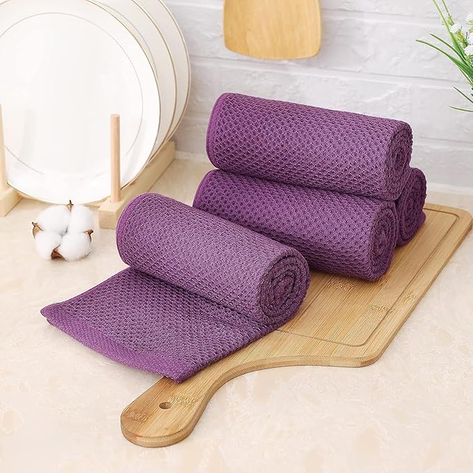 Kitinjoy 100% Cotton Waffle Weave Kitchen Towels, 8-Pack Super Soft and Absorbent Dish Towels for Drying Dishes, Kitchen Hand Towels, 13 in x 28 in, Violet