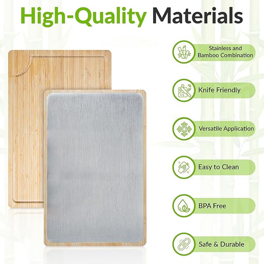 GR Kraft Stainless Steel & Bamboo Double-Sided cutting boards non toxic, Durable, Knife-Friendly Design, Microplastic-free, large cutting board Chopping Meat, Fish, Chicken, Bread, Fruits & More