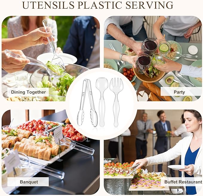 Mwellewm 48Pcs Plastic Serving Utensils 9'' Disposable Serving Spoons for Buffet Clear Forks Serving Tongs Heavy Duty Large Party Utensils Supplies for Restaurant Food Dinner Salad Noodles Soup