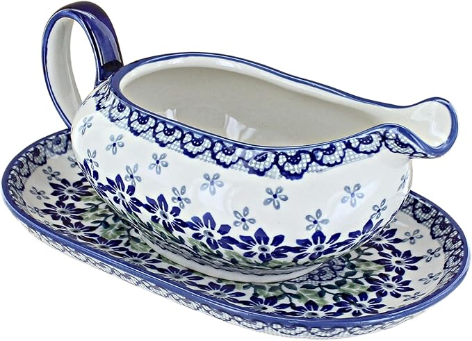 Blue Rose Polish Pottery Halsey Gravy Boat & Plate