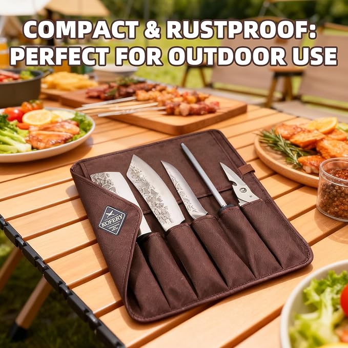 KOFERY Hand Forged Damascus Chef Knife Set with Roll Bag and Sharpener - Ideal for Culinary, Camping and BBQ(Off-White Handle)