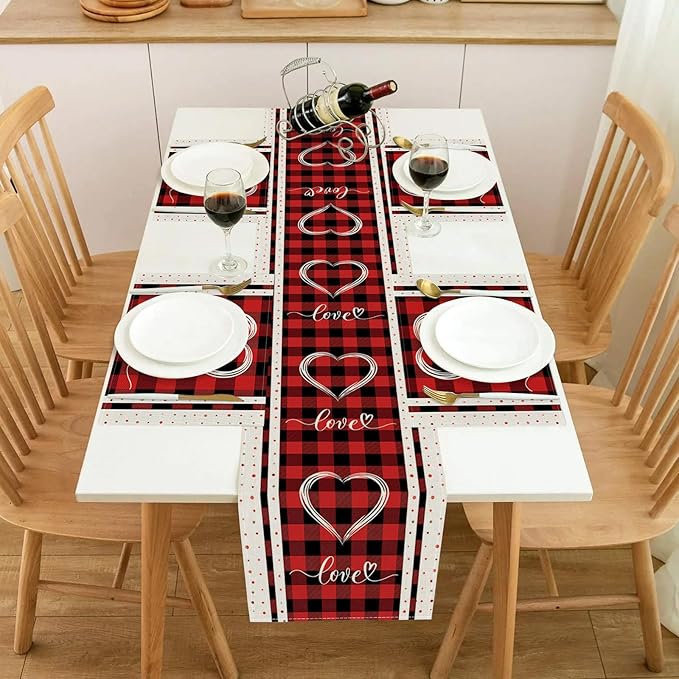 Valentines Day Table Runner 13x36 Inch, Buffalo Plaid Love Hearts Valentine Table Runner, Anniversary Home Kitchen Dining Table Holiday Party Decorations