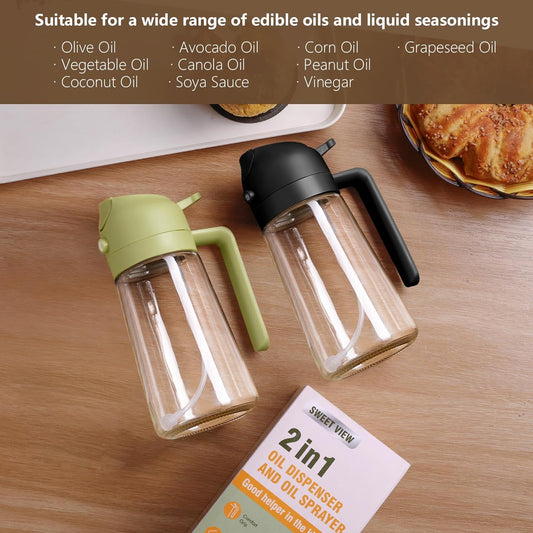 2PCS Olive Oil Sprayer for Cooking, 470ml 2 In 1 Glass Oil Sprayr & Pour for Kitchen, Air Fryer, Cooking, Salad, BBQ (Black,Green)