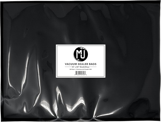 MJ Commercial-Grade Vacuum Sealer Bags for Food Storage, Sous Vide | 50 Pack (15" x 20" 5 Mil, Black and Clear)