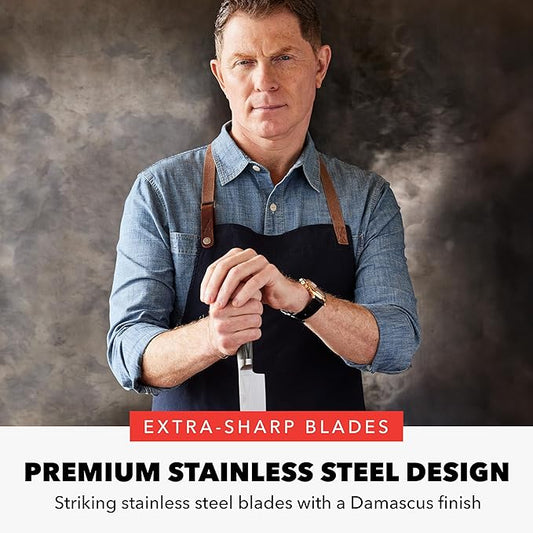 GreenPan x Bobby Flay 5” & 7” Santoku Knife Set, Premium Stainless Steel Blades, Precision Cutting Kitchen Tools, Ultra-Sharp Cutlery, Hand Finished Ergonomic Wood Handle, Damascus Steel Design