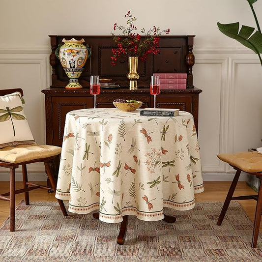 ISAENNE Designer Floral Linen Round Tablecloth,French Off White Elegant Table Cloth,Fall Washable Home Decor Tablecloths for Dining Thanksgiving Kitchen Christmas Party,Diameter 67"-Grace B