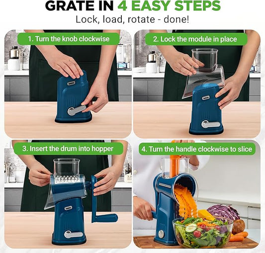 NutriChef 5 in 1 Cheese Grater & Shredder | 5 Different Blades for Thin, Thick, Julienne Strips, Wavy, & Straight Strips | Includes Hand Crank, Strong Suction Base & Storage Container | Blue