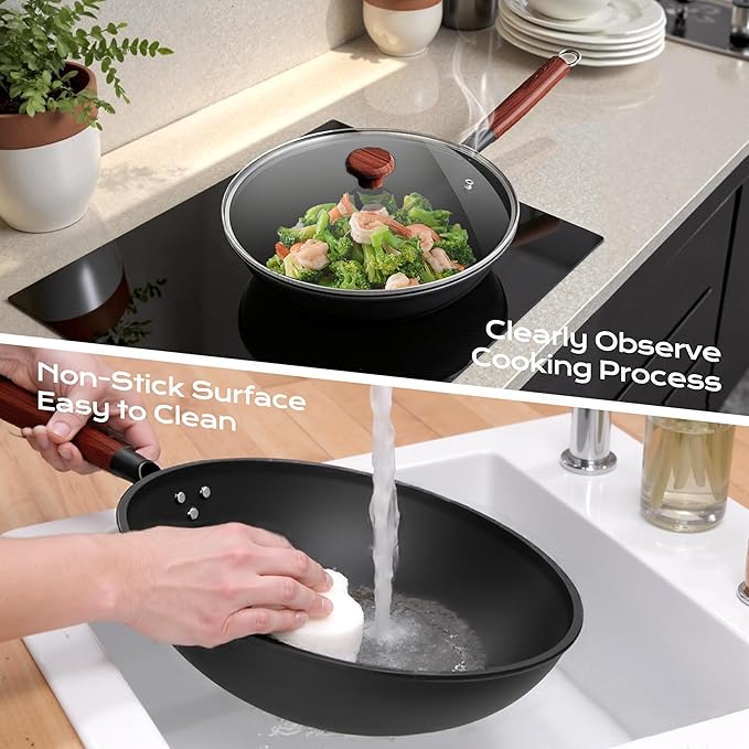 ziluetar Carbon Steel Wok 13-Inch Wok Pan with Glass Cover Silicone Spatula, Non-Stick Surface Woks & Stir-Fry Pans Pre-Seasoned Chinese Wok Pan for Induction, Electric, Gas Stoves Cooking