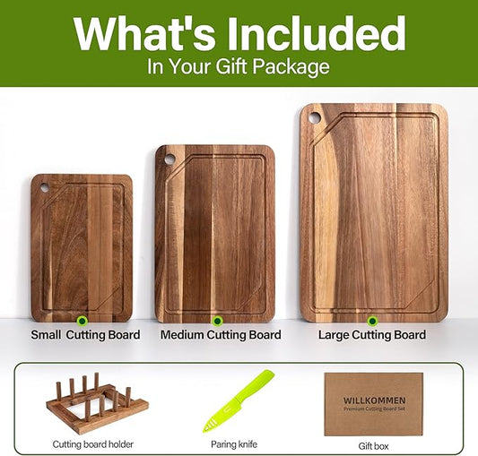 WILLKOMMEN Acacia Wood Cutting Board for Kitchen, 3-Piece Chopping Boards Set with Stand, Juice Groove, Handles & Hanging Holes, Butcher Block for Meat, Vegetables (Small, Medium, Large)