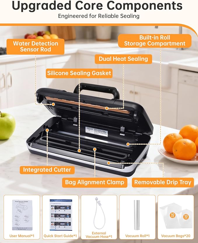 85kPa Heavy Duty Vacuum Sealer Machine, Commercial Grade Food Sealer with Double Seal, One-Hand Operation Handle, Built-in Cutter & Bag Storage, Moist/Dry Modes for Sous Vide, Meat & Meal Prep