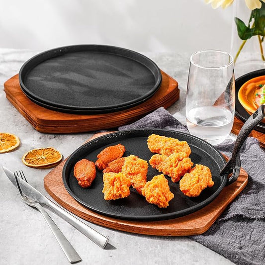 Mimorou 4 Sets Cast Iron Fajita Plate Set 9.84'' Steak Plate Sizzling Pan with Wooden Base and Gripper for Home Restaurant Kitchen Catering Cooking for Grilling Meats Seafood